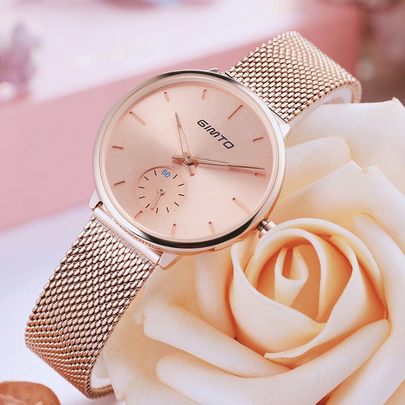 Enkel Designurtavla Med Två Stift Roséguld Mesh Stålband Mode Kvarts Quartz Watch