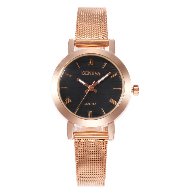 Enkel Romersk Skala Mesh Stålrem Mode Damklocka Quartz Watch