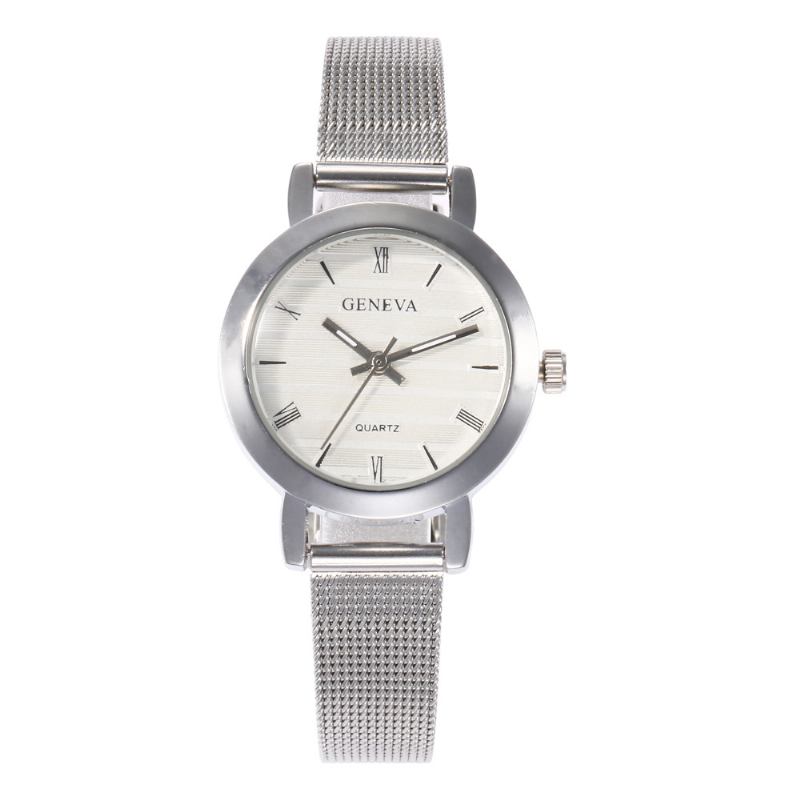 Enkel Romersk Skala Mesh Stålrem Mode Damklocka Quartz Watch