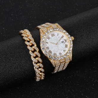 Hip Hop Lyx 2 St Hip-hop Kedja Full Diamond Watch Armband Lady Quartz Watch