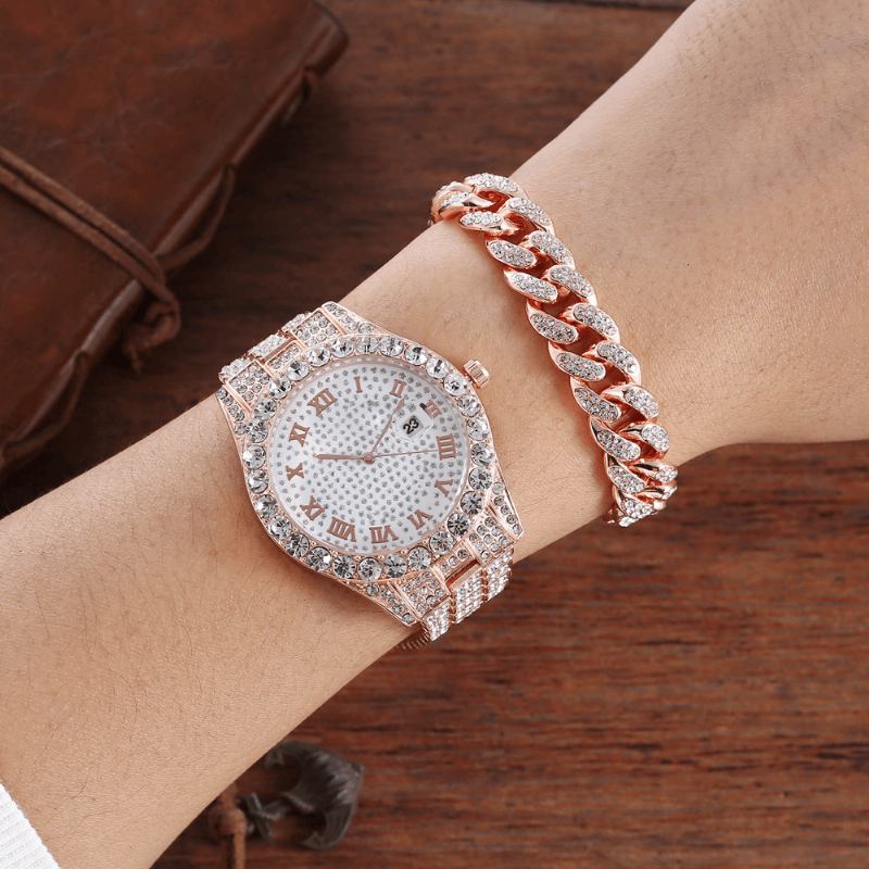 Hip Hop Lyx 2 St Hip-hop Kedja Full Diamond Watch Armband Lady Quartz Watch