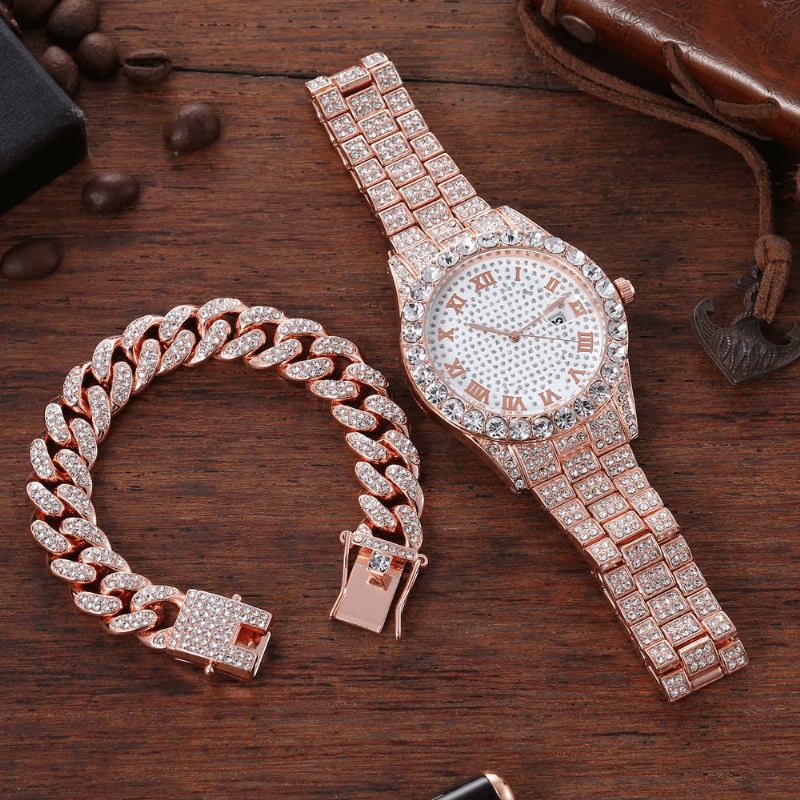 Hip Hop Lyx 2 St Hip-hop Kedja Full Diamond Watch Armband Lady Quartz Watch