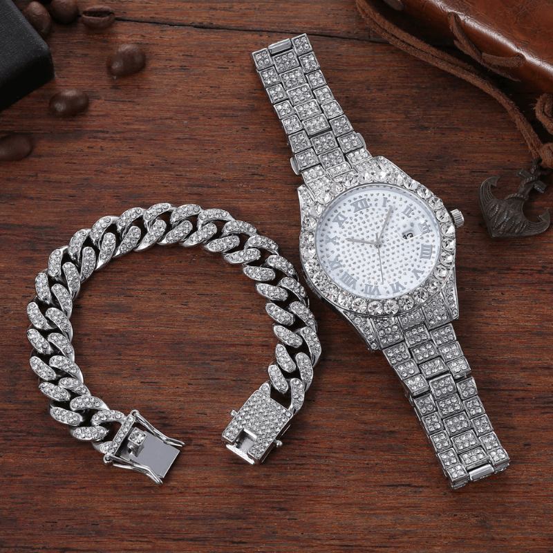 Hip Hop Lyx 2 St Hip-hop Kedja Full Diamond Watch Armband Lady Quartz Watch