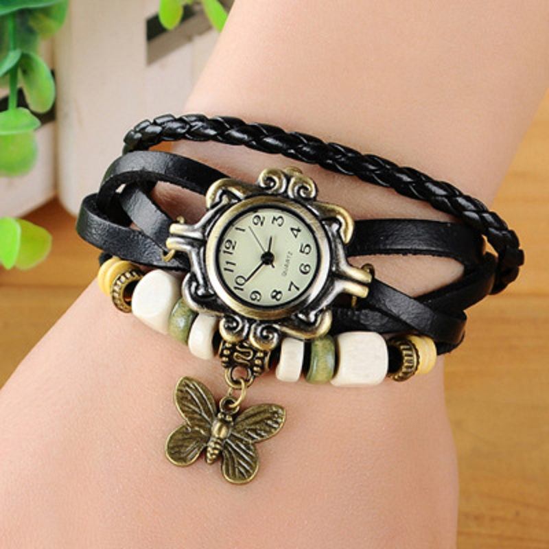 Kvinnor Casual Vintage Multilayer Butterfly Faux Läder Armband Quartz Watch