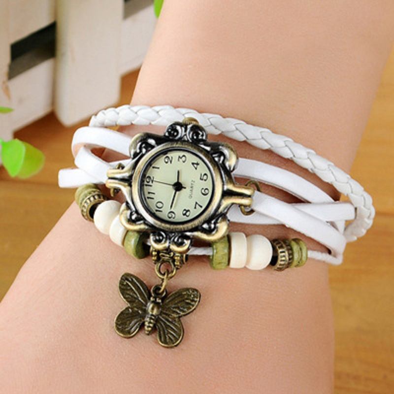 Kvinnor Casual Vintage Multilayer Butterfly Faux Läder Armband Quartz Watch