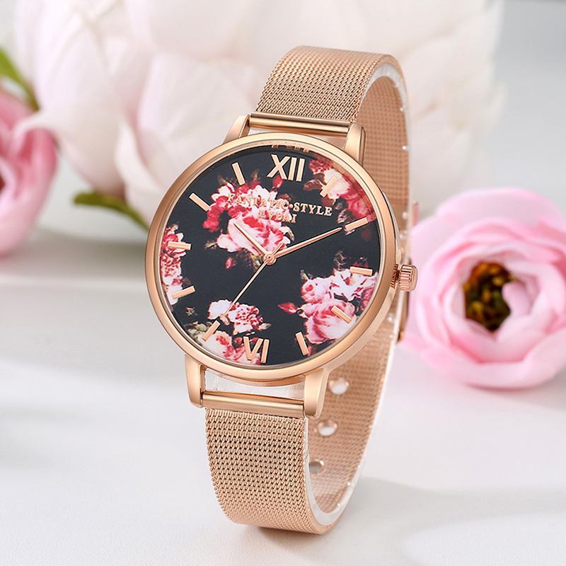 Mesh Stålband Casual Style Damarmbandsur Blommor Elegant Design Quartz Watch