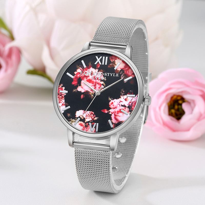 Mesh Stålband Casual Style Damarmbandsur Blommor Elegant Design Quartz Watch