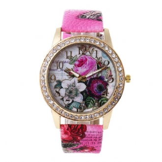 Mode Bohemia Style Damklocka Läderrem Retro Rose Pattern Quartz Watch