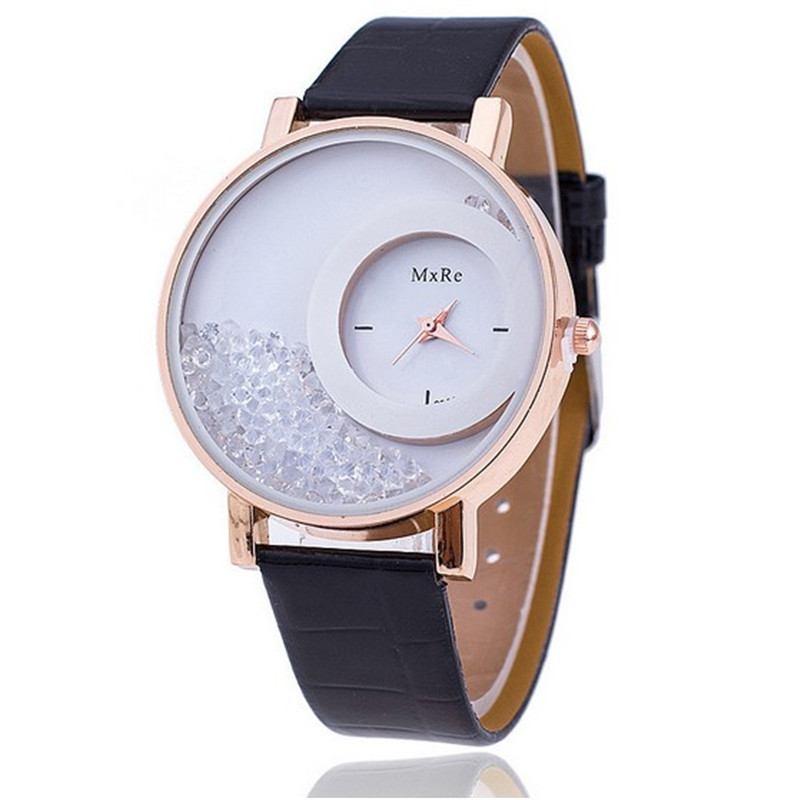 Mode Casual Damklocka Crystal Dial Läderrem Kvinnlig Quartz Watch