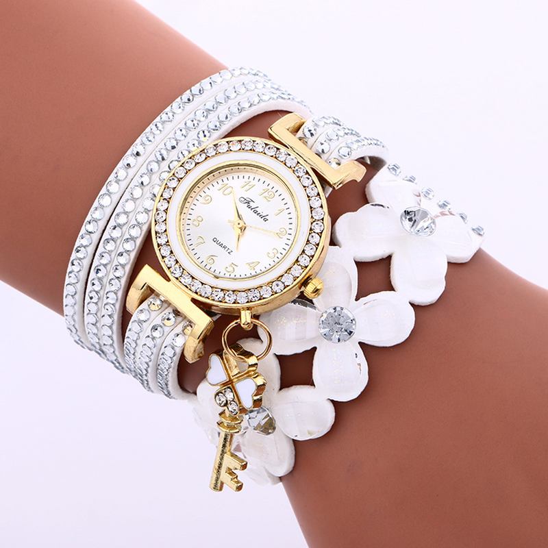 Mode Crystal Circle Armband Kvinnor Klocka Enkel Dial Flowear Mönster Quartz Watch