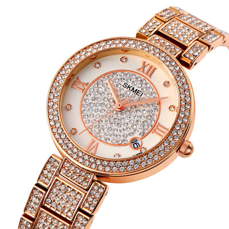 Mode Elegant Klocka Rhinestone Dekoration Zink Watch Armband Datum Display 3atm Vattentät Kvinnlig Kvartsklocka