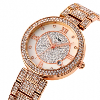 Mode Elegant Klocka Rhinestone Dekoration Zink Watch Armband Datum Display 3atm Vattentät Kvinnlig Kvartsklocka