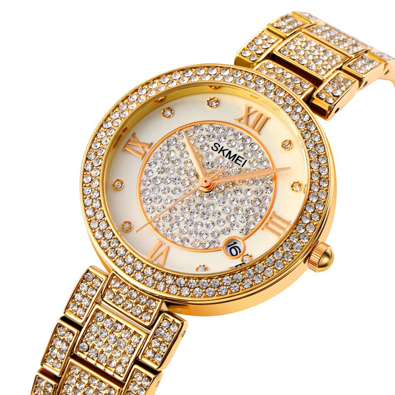 Mode Elegant Klocka Rhinestone Dekoration Zink Watch Armband Datum Display 3atm Vattentät Kvinnlig Kvartsklocka