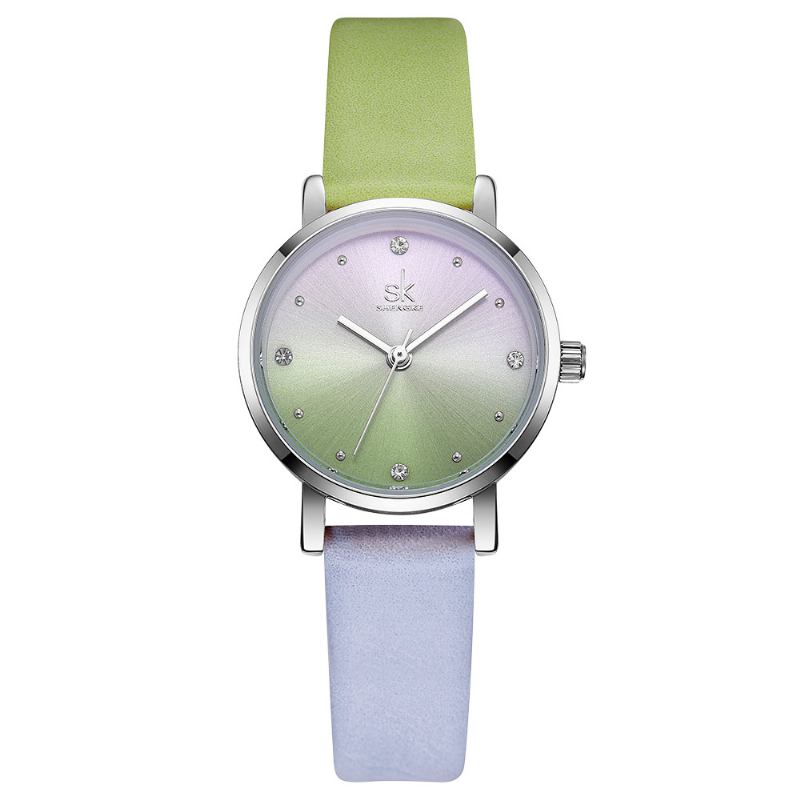 Mode Färg Gradient Läderrem Lyx Kvinnor Crystal Dial Quartz Watch