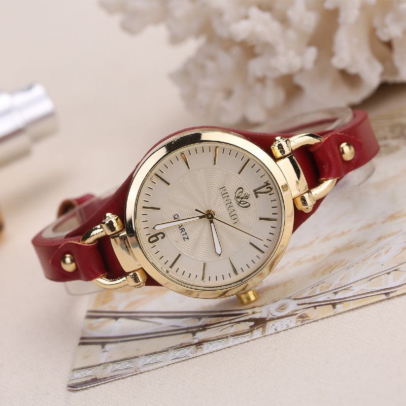 Mode Färgglada Läderband Kvinnor Enkel Urtavla Rose Gold Case Quartz Watch