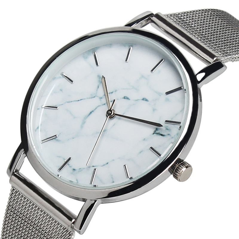 Mode Kvinnor Marmor Yta Rostfritt Stål Band Dam Klänning Quartz Watch