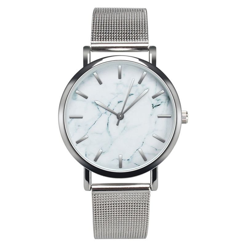 Mode Kvinnor Marmor Yta Rostfritt Stål Band Dam Klänning Quartz Watch