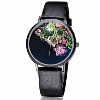 Mode Kvinnor Ultra-tunn Watch Case Blommönster Urtavla Läderrem Quartz Watch