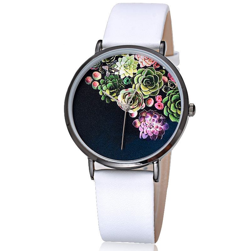 Mode Kvinnor Ultra-tunn Watch Case Blommönster Urtavla Läderrem Quartz Watch