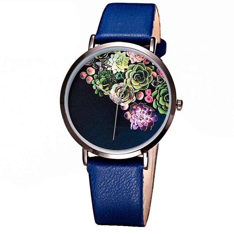 Mode Kvinnor Ultra-tunn Watch Case Blommönster Urtavla Läderrem Quartz Watch