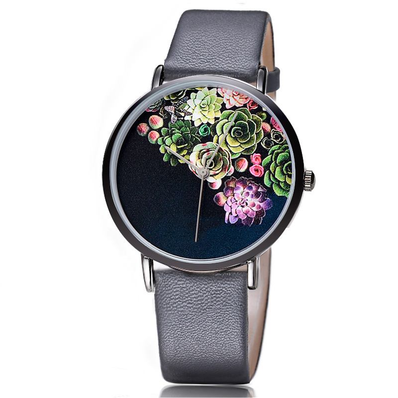 Mode Kvinnor Ultra-tunn Watch Case Blommönster Urtavla Läderrem Quartz Watch