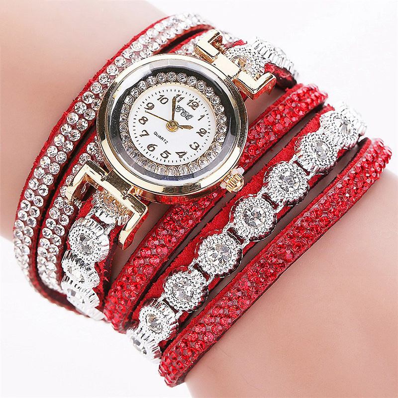 Mode Lyx Rhinestone Pu Läder Band Kvinnor Quartz Armband Watch