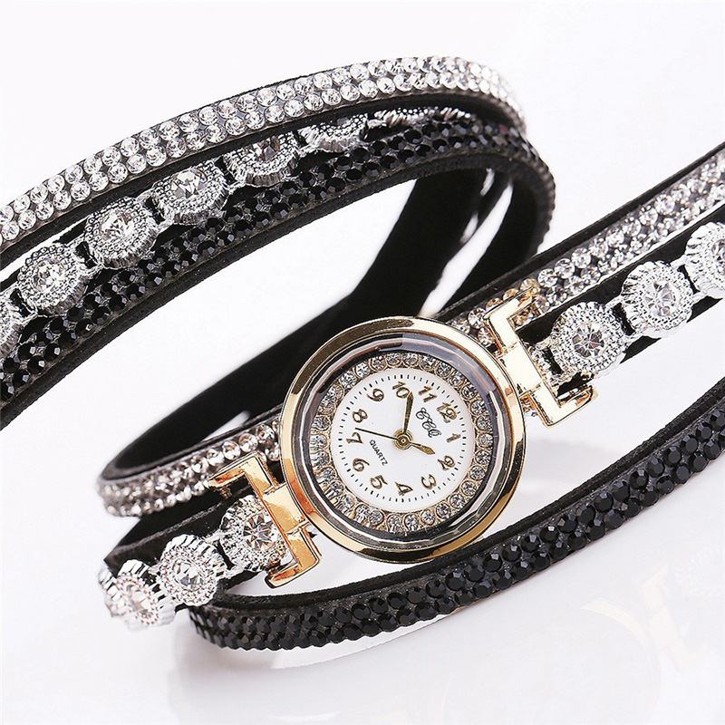 Mode Lyx Rhinestone Pu Läder Band Kvinnor Quartz Armband Watch