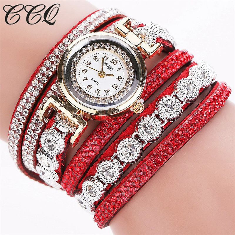 Mode Lyx Rhinestone Pu Läder Band Kvinnor Quartz Armband Watch