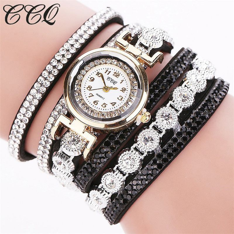 Mode Lyx Rhinestone Pu Läder Band Kvinnor Quartz Armband Watch