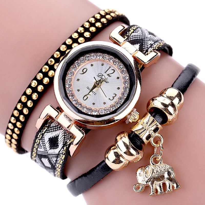 Modeabla Guld Elefant Dam Armband Watch Läderrem Quartz Klockor