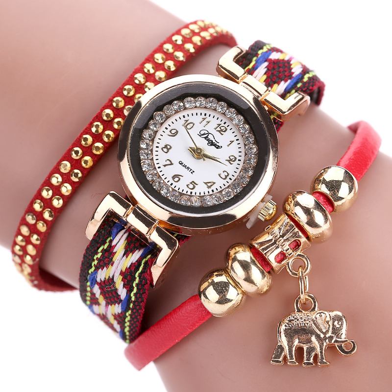 Modeabla Guld Elefant Dam Armband Watch Läderrem Quartz Klockor