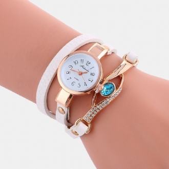 Retro Pu-rem Rhinestone Flerlager Damklocka Metall Blå Kristall Justerbar Armbandsur Quartz Watch