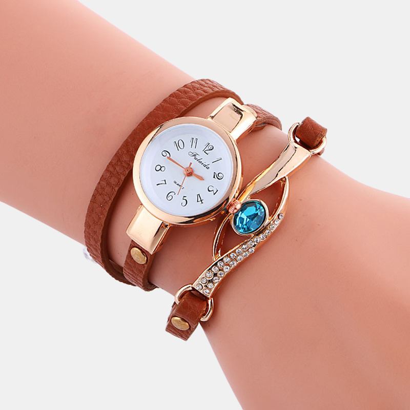 Retro Pu-rem Rhinestone Flerlager Damklocka Metall Blå Kristall Justerbar Armbandsur Quartz Watch