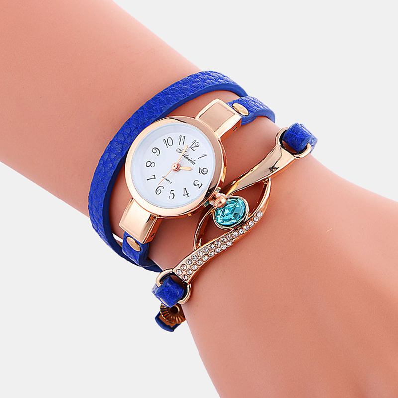 Retro Pu-rem Rhinestone Flerlager Damklocka Metall Blå Kristall Justerbar Armbandsur Quartz Watch