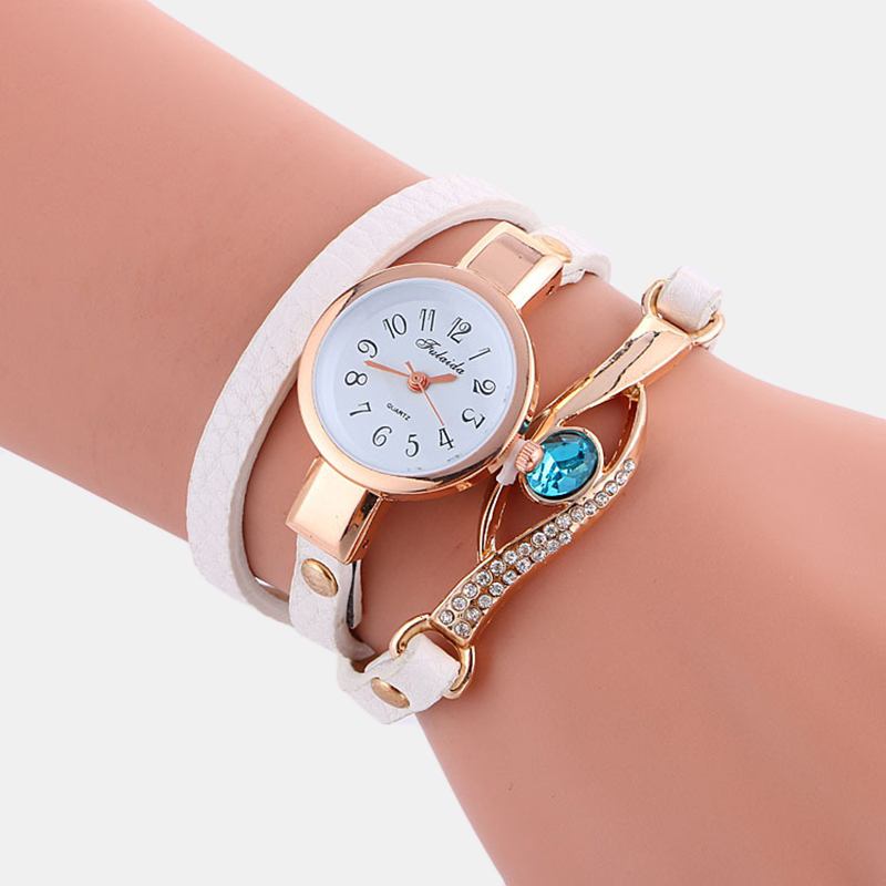 Retro Pu-rem Rhinestone Flerlager Damklocka Metall Blå Kristall Justerbar Armbandsur Quartz Watch