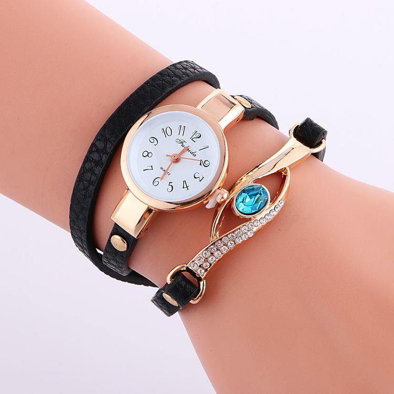 Retro Pu-rem Rhinestone Flerlager Damklocka Metall Blå Kristall Justerbar Armbandsur Quartz Watch