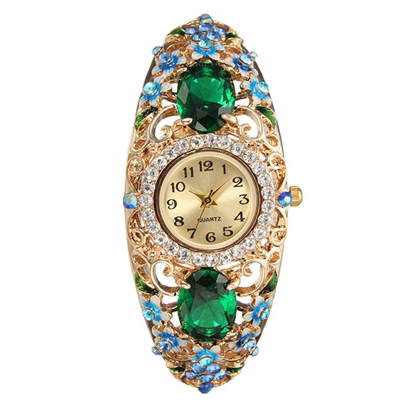 Retro Stil Dam Armband Watch Blommor Diamond Quartz Watch