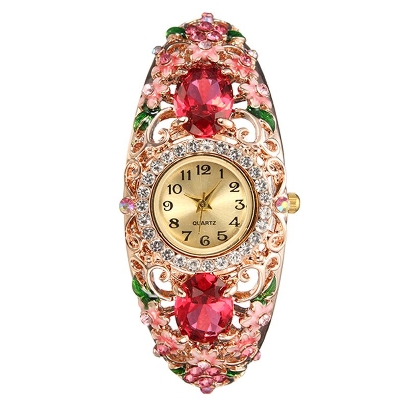 Retro Stil Dam Armband Watch Blommor Diamond Quartz Watch