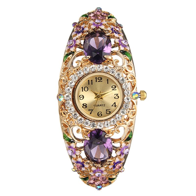 Retro Stil Dam Armband Watch Blommor Diamond Quartz Watch