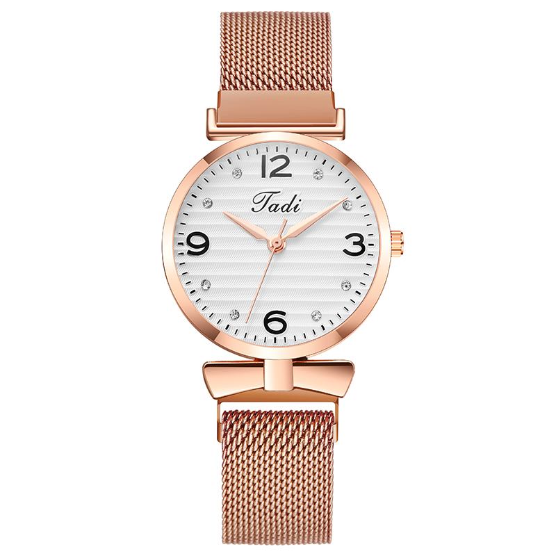 Trendig Enkel Elegant Design Vilda Kvinnor Klockor Mesh Band Rose Gold Case Quartz Watch