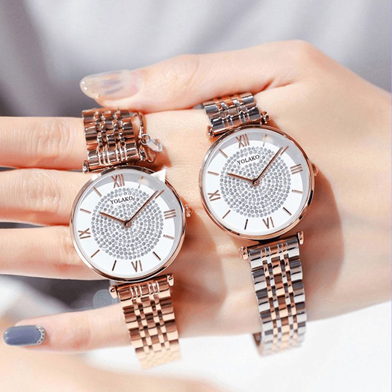 Trendiga Eleganta Damklockor Full Romerska Siffror Strass Mount Dial Quartz Watches