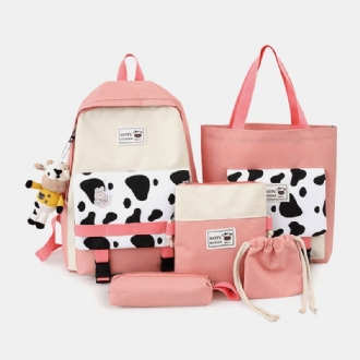 5 St Canvas Preppy Cow Pattern Multifunktionskombinationsväska Ryggsäck Tote Crossbody-väska Clutchplånbok