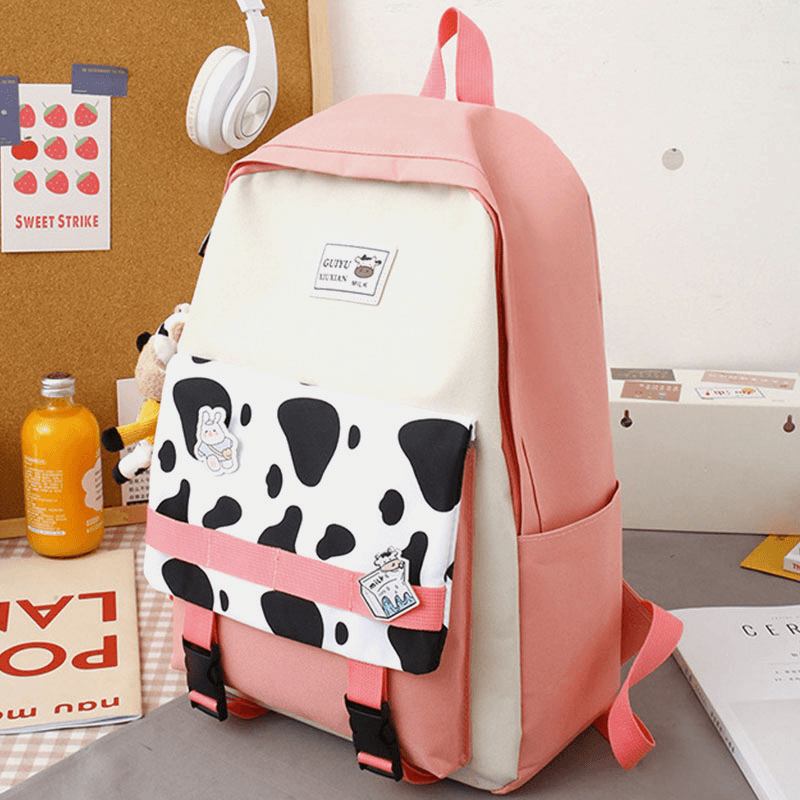 5 St Canvas Preppy Cow Pattern Multifunktionskombinationsväska Ryggsäck Tote Crossbody-väska Clutchplånbok