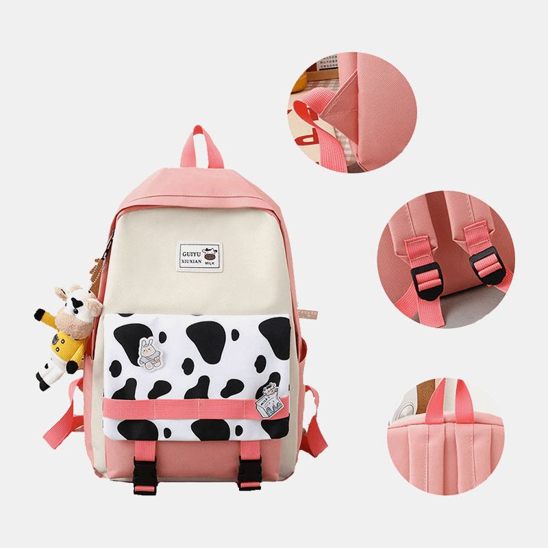 5 St Canvas Preppy Cow Pattern Multifunktionskombinationsväska Ryggsäck Tote Crossbody-väska Clutchplånbok