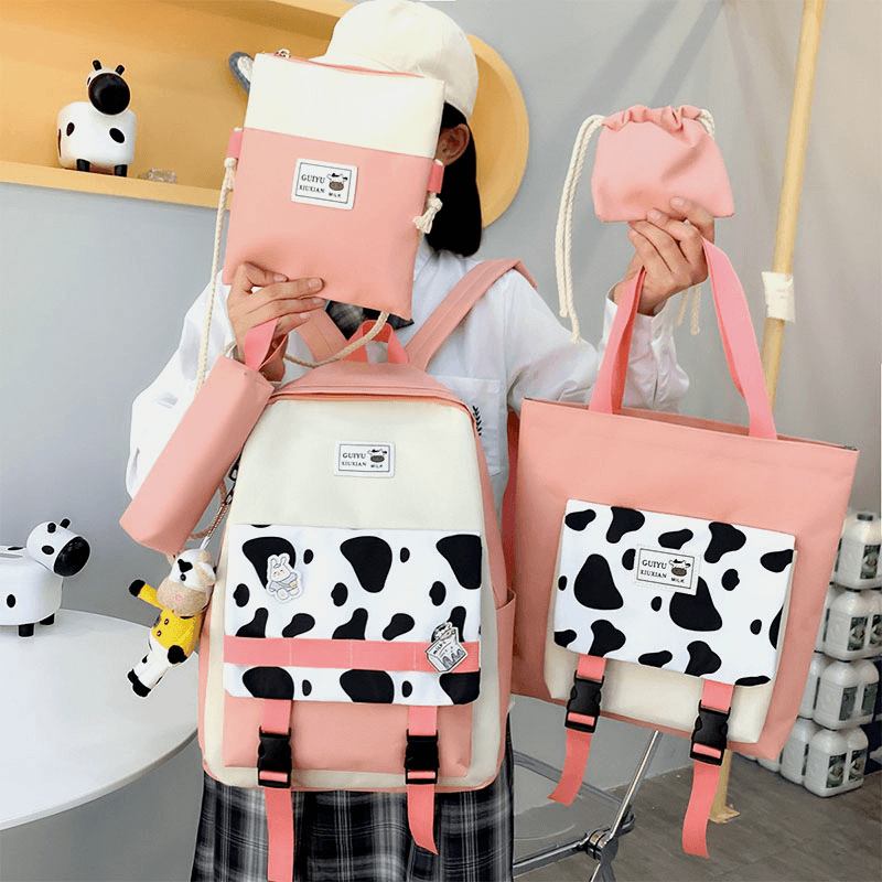 5 St Canvas Preppy Cow Pattern Multifunktionskombinationsväska Ryggsäck Tote Crossbody-väska Clutchplånbok