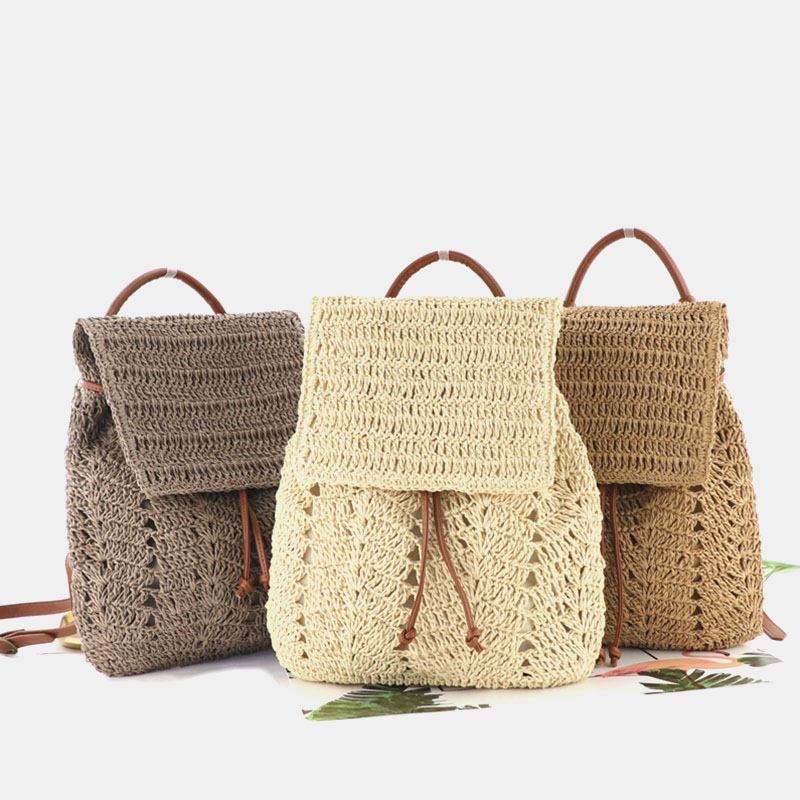 Dam Mori Series String Straw Bag Dual-use Woven Bag Retro Beach Bag Ryggsäck