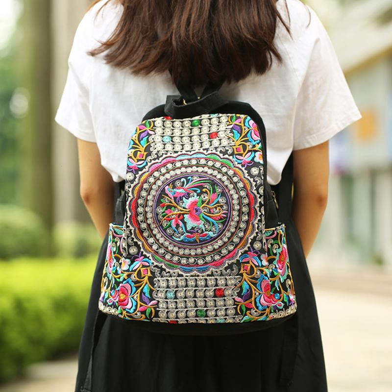 Kvinnor National Style Broderi Dragkedja Creative Backpack