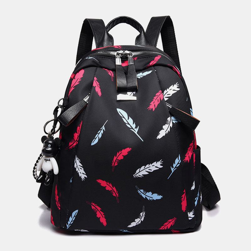 Kvinnor Oxford Butterfly Fjädermönster Stor Kapacitet Headset Hål Vattentät Stöldskydd Casual Ryggsäck