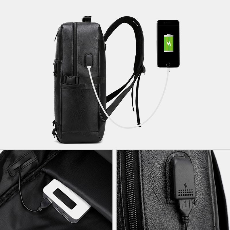 Män Usb-laddning Multi-pocket Pu-läderryggsäck Mode Casual Stor Kapacitet 15.6 Tums Bärbar Datorväska