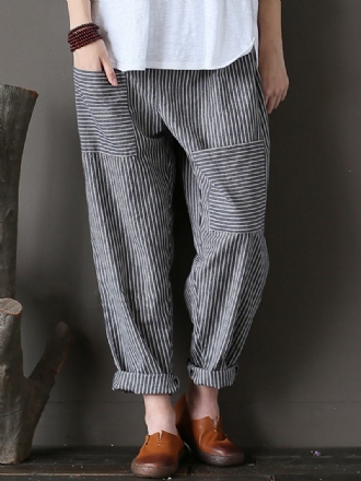 Dam Stripe Elastisk Midja Casual Lösa Harem Byxor